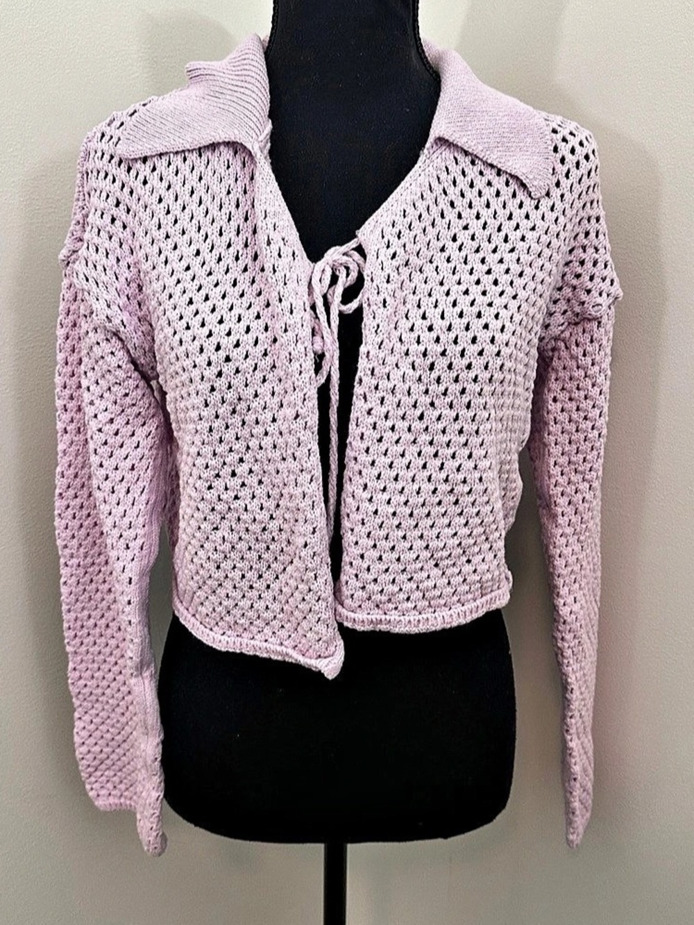 Lettera Pink Lavender 100% Cotton Crochet Knit Cardigan Tie Front Collared